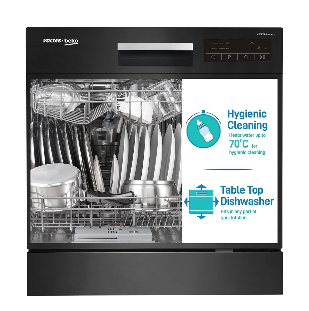 Voltas Beko, A Tata Product, 8‑Place Settings(fits up to 45 utensils) Table top Dishwasher, Suitable for All Types of Utensils (DT8B, Black) with Hygiene Wash