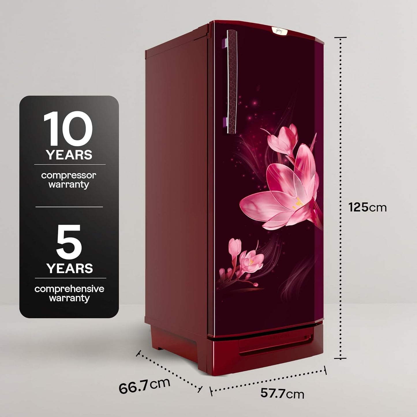 Godrej 185L 4 Star Single Door Refrigerator with 24 Days Farm Freshness, Jumbo Vegetable Tray, Dry Storage Drawer, Advanced Inverter Technology & 5 Years Warranty (RD 195DN TDI MY WN, Mystic Wine)
