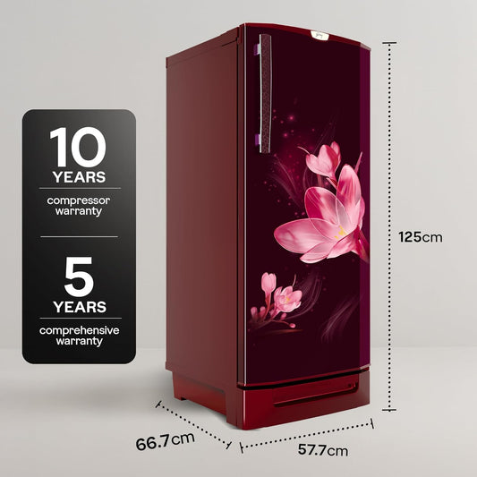 Godrej 185L 4 Star Single Door Refrigerator with 24 Days Farm Freshness, Jumbo Vegetable Tray, Dry Storage Drawer, Advanced Inverter Technology & 5 Years Warranty (RD 195DN TDI MY WN, Mystic Wine)