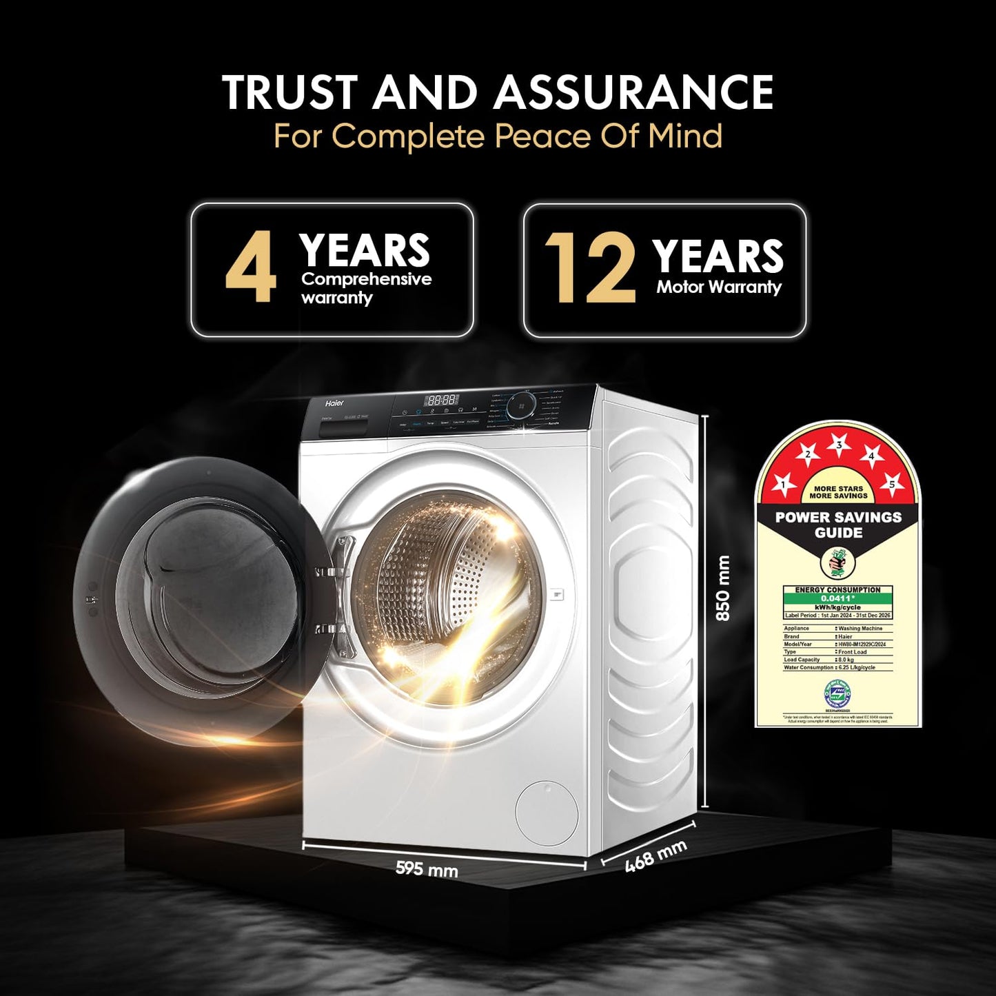 Haier 8 kg 5 Star with Powered by AI-DBT, PuriSteam, 525 mm Super Drum, Inverter Motor, Inbuilt Heater, Washer Fully Automatic Front Load Black, White (HW80-IM12929C)
