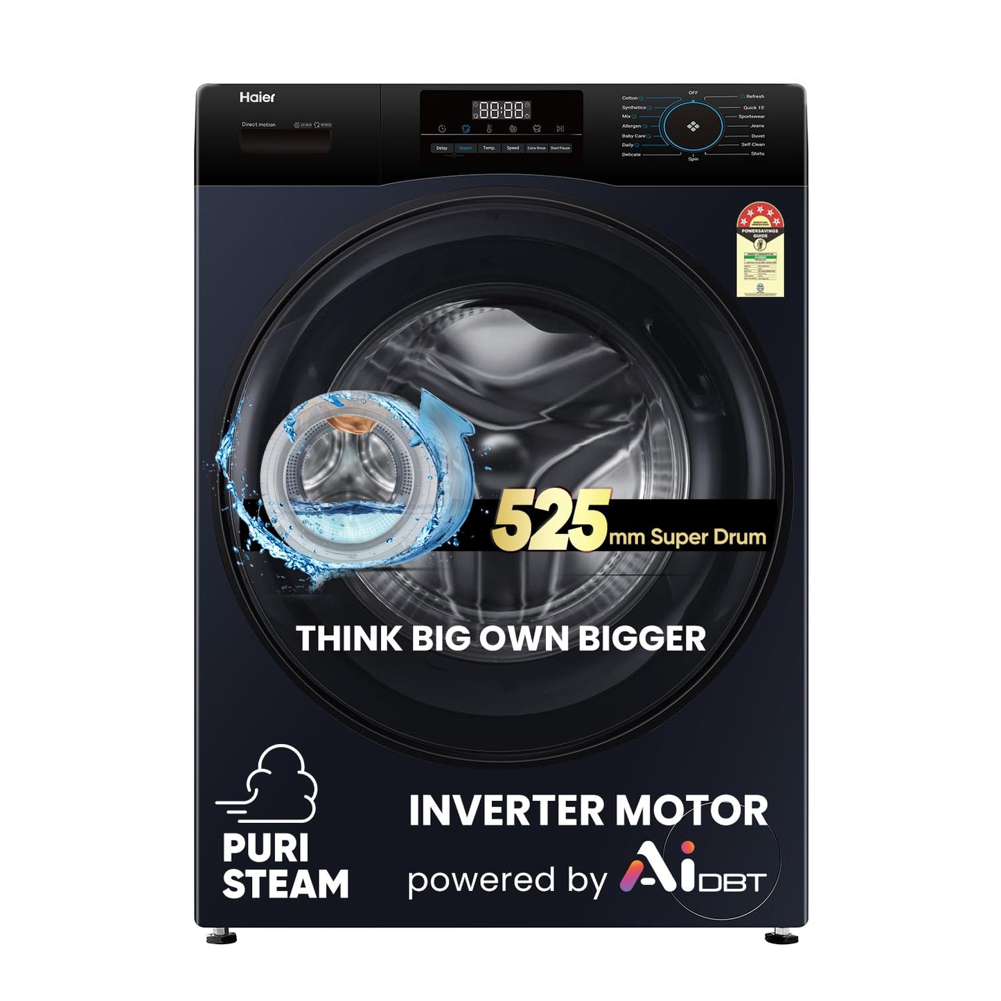 Haier 8Kg, 5 Star, Powered by AI-DBT, Ai Wash, PuriSteam with Inbuilt Heater, 525 mm Super Drum Fully Automatic Front Load Washer (EFL80-IM12IBIEBK | Black)