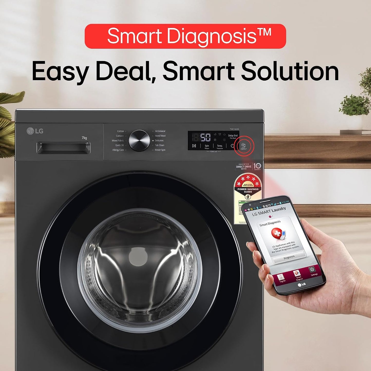 LG 7 kg 5 Star, Inverter Direct Drive Technology, 6 Motion DD, Reduce germs & allergens with steam cycles, In-built Heater & Touch Panel Fully Automatic Front Load with In-built Heater Black, Grey (FHB1207Z2M)