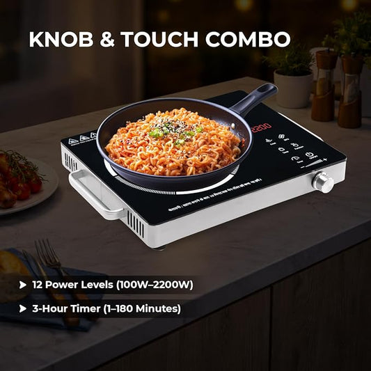 CADLEC HeatMate 2200W Infrared Cooktop | Versatile Cooking, All Utensils Compatible, 3 Preset Cooking Modes, Touch Control, Crystal Glass Plate & Digital Display | Barbecue Grill Rack | Black