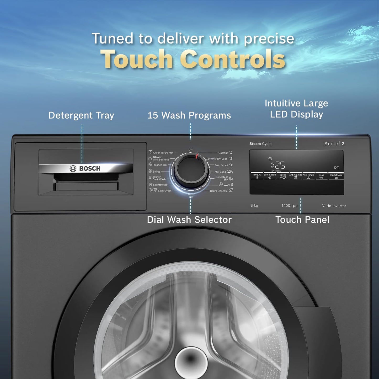 Bosch 8 kg 5 Star Front Load Fully-Automatic Washing Machine, AI ActiveWater,15 Wash Programs, Removes 99.9% Germs with Steam, No Tangle or Wrinkle, Zero Vibration, Black/Grey, WAJ2826CIN