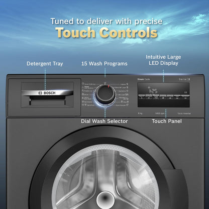 Bosch 8 kg 5 Star Front Load Fully-Automatic Washing Machine, AI ActiveWater,15 Wash Programs, Removes 99.9% Germs with Steam, No Tangle or Wrinkle, Zero Vibration, Black/Grey, WAJ2826CIN