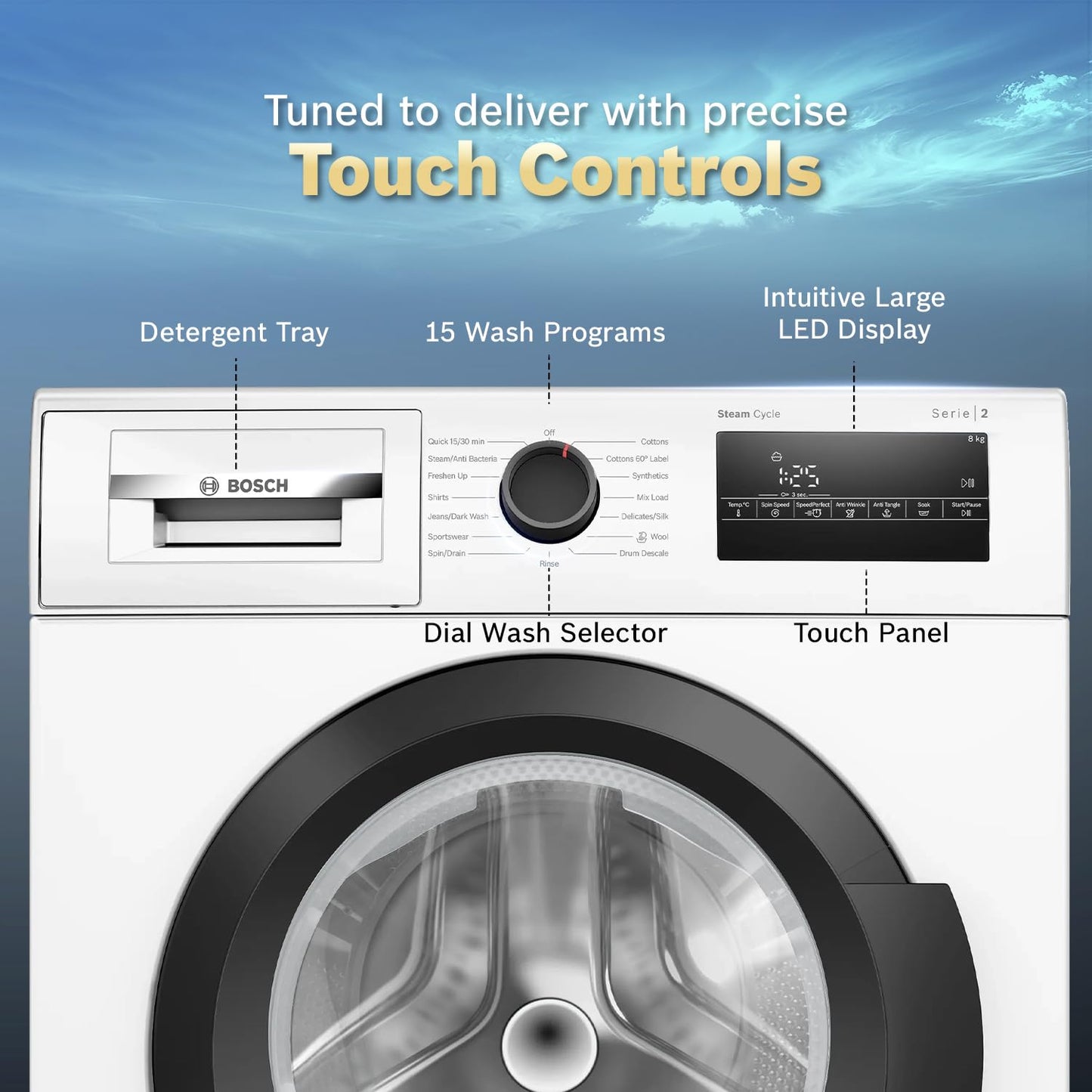 Bosch 8 kg 5 Star Front Load Fully-Automatic Washing Machine, AI ActiveWater, 15 Wash Programs, Removes 99.9% Germs with Steam, No Tangle or Wrinkle,White, WAJ28260IN