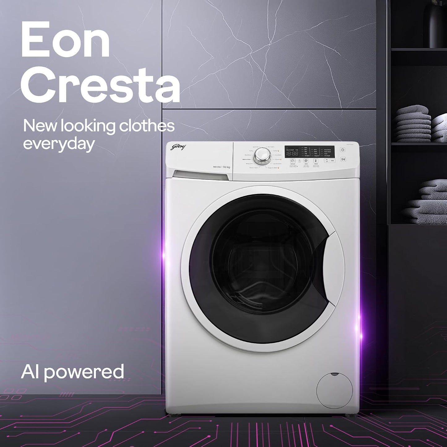 Godrej 8 Kg 5 Star, AI Powered, Inbuilt Heater, Fabrisafe Drum, Eco Wash, Unbalanced Load Sensor, Stain wash, Fully Automatic Front Load Washing Machine (WFEON CRS 8012 5.0 FKEDM GLWH, Glacial White)