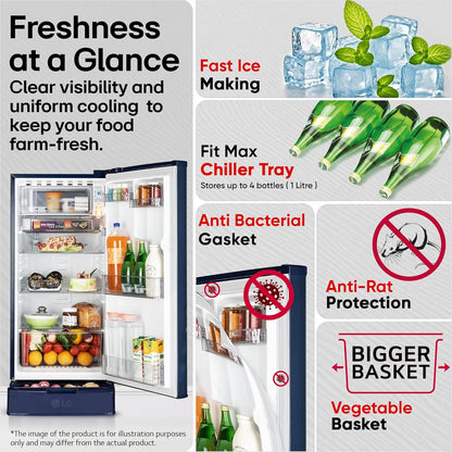 LG 185 L, 2 Star, Direct Cool Single Door Refrigerator (GLD1925XOBK, Blue Klase, Base stand with Drawer, Fit Max Chiller Tray, Works Without Stabilizer, 2026 Model)