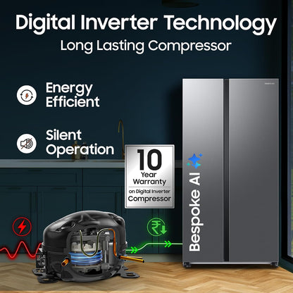 Samsung 653 L, 3 Star, Frost Free, Double Door, Convertible 5-in-1 Digital Inverter, Side By Side AI Enabled Smart Refrigerator with WiFi (RS76CG8003S9HL, Silver, Refined Inox)