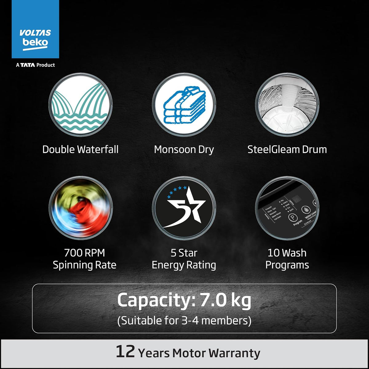 Voltas Beko 7 kg Fully Automatic Top Load Black (WTL70UPGC/SPCPOF)