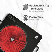 Cello Trion Infrared Cooktop 2200 Watts, Red | Multi Optins Feather Touch Panel, Radiant Heating Technology | Compatible with Aluminum & Stainless Steel, Hard Anodised Cookware & Grill Grate