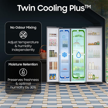 Samsung 653 L, 3 Star, Frost Free, Double Door, Convertible 5-in-1 Digital Inverter, Side By Side AI Enabled Smart Refrigerator with WiFi (RS76CG8003S9HL, Silver, Refined Inox)