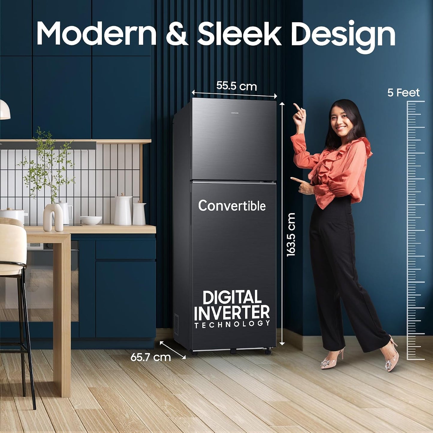 Samsung 256 L, 3 Star, Convertible, Digital Inverter Frost Free Double Door Refrigerator (RT40H30U3FHL, Black DOI, 2026 Model)