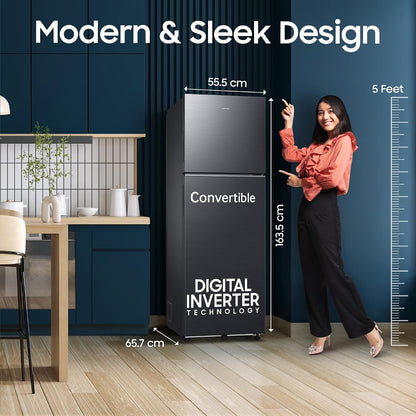 Samsung 256 L, 3 Star, Convertible, Digital Inverter Frost Free Double Door Refrigerator (RT40H30U3FHL, Black DOI, 2026 Model)