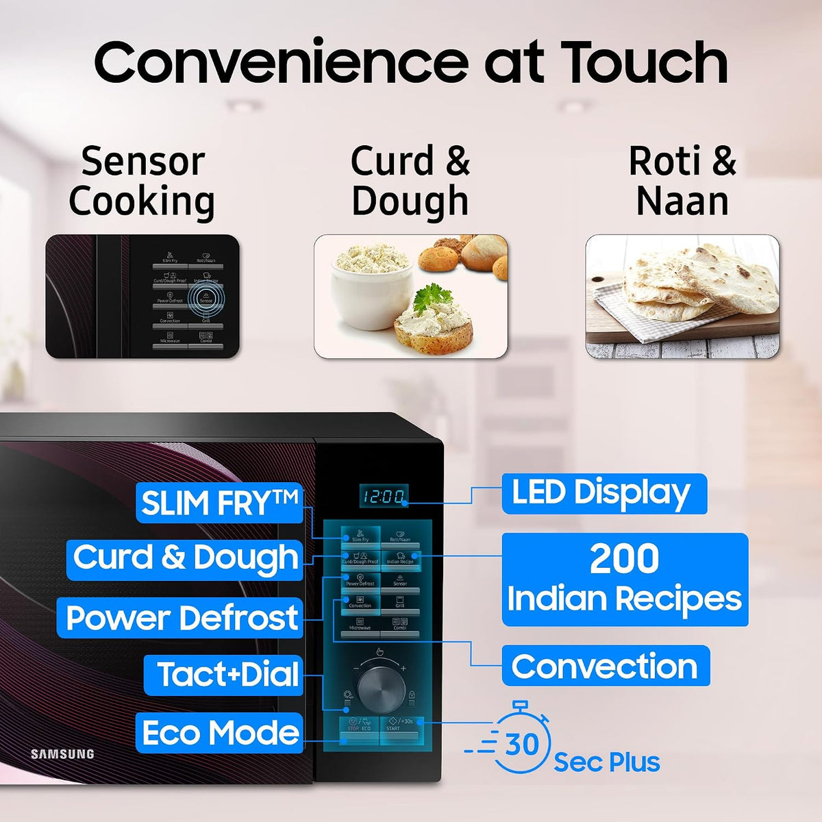 Samsung 28 L Slim Fry, Sensor Cook and Multi Spit Convection Microwave Oven (MC28A5145VR/TL, Black and Pattern, Ceramic Enamel Cavity with 10 Year Warranty