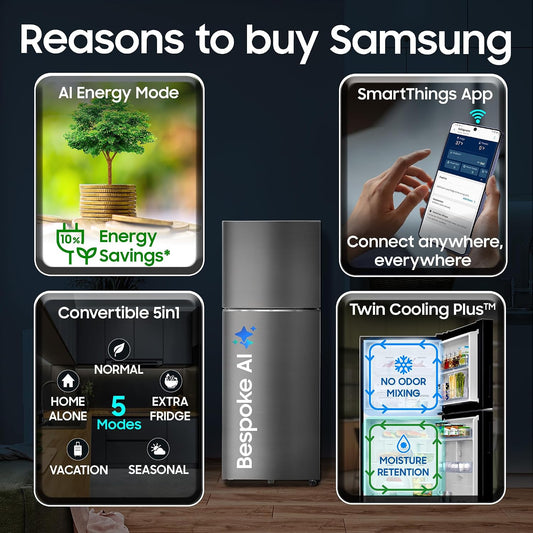 Samsung 350 L, 3 Star, Convertible 5-in-1, Digital Inverter, Frost Free Double Door, WiFi Bespoke AI Refrigerator (RT38HG5A23S8HL, Silver, Elegant Inox, 2026 Model)