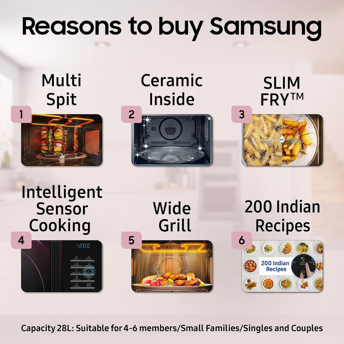 Samsung 28 L Slim Fry, Sensor Cook and Multi Spit Convection Microwave Oven (MC28A5145VR/TL, Black and Pattern, Ceramic Enamel Cavity with 10 Year Warranty