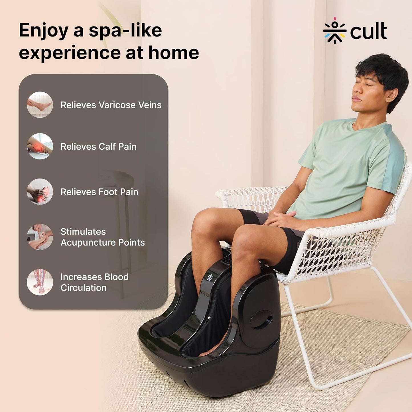 CULT ZEN Foot & calf massager with Air Compression, Vibration & Warm Therapy, Pain Relief, Improves Blood Circulation, Suitable for Home usage