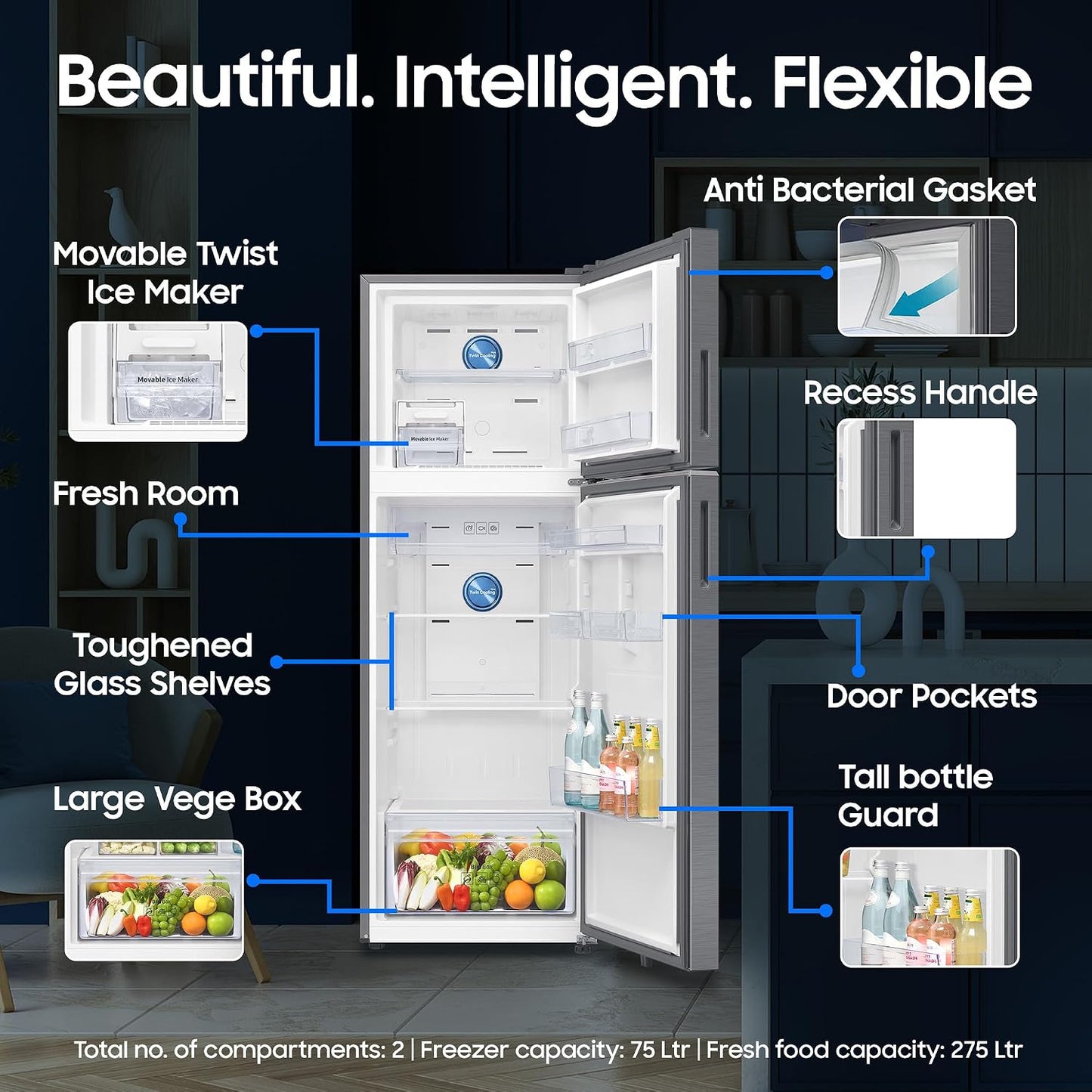 Samsung 350 L, 3 Star, Convertible 5-in-1, Digital Inverter, Frost Free Double Door, WiFi Bespoke AI Refrigerator (RT38HG5A23S8HL, Silver, Elegant Inox, 2026 Model)