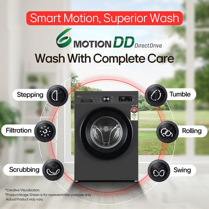 LG 7 kg 5 Star, Inverter Direct Drive Technology, 6 Motion DD, Reduce germs & allergens with steam cycles, In-built Heater & Touch Panel Fully Automatic Front Load with In-built Heater Black, Grey (FHB1207Z2M)