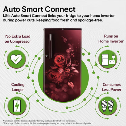 LG 185 L, 4 Star, Smart Inverter, Direct Cool Single Door Refrigerator (GLD1945ZOSE, Scarlet Euphoria, Base stand with Drawer)