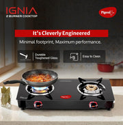 Pigeon Ignia 2 Burner Gas Stove | Brass Burner | Easy Cleaning | Toughened Glass