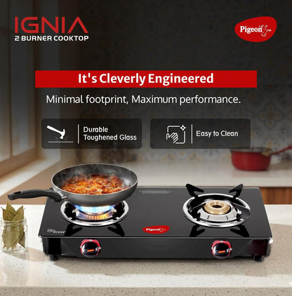 Pigeon Ignia 2 Burner Gas Stove | Brass Burner | Easy Cleaning | Toughened Glass