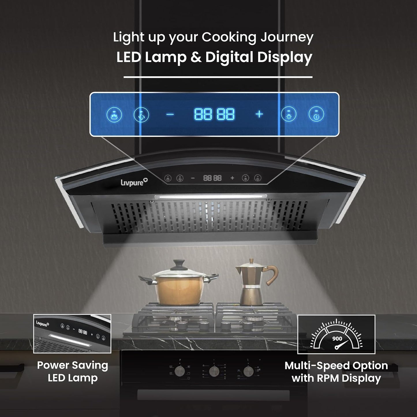 Livpure ETERNA-BLDC-60-FL-HAC 1600 CMH 60 cm Auto Clean Chimney (Wall Mounted, Black)