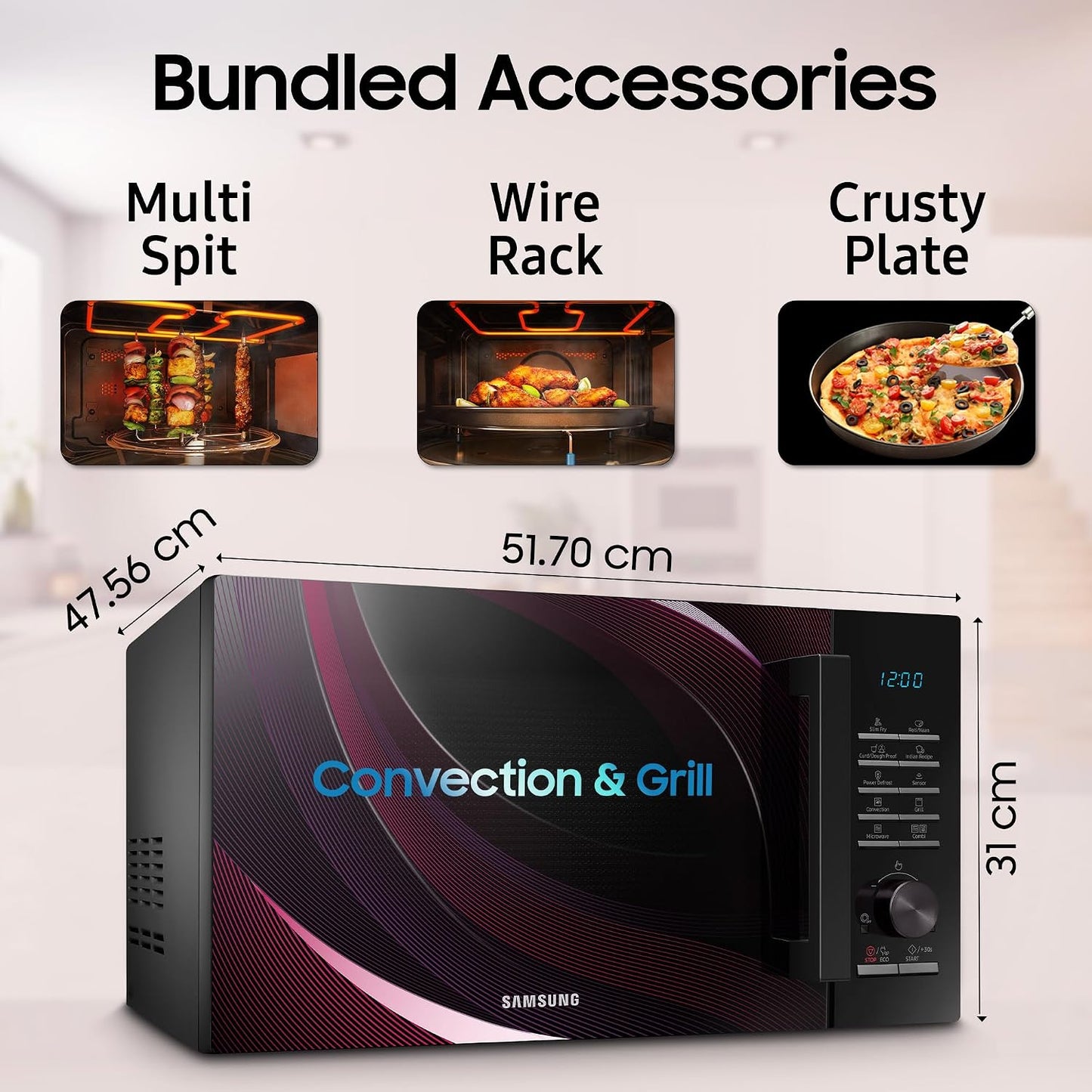 Samsung 28 L Slim Fry, Sensor Cook and Multi Spit Convection Microwave Oven (MC28A5145VR/TL, Black and Pattern, Ceramic Enamel Cavity with 10 Year Warranty
