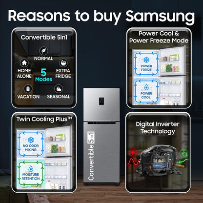 Samsung 301 L Frost Free Double Door 2 Star Refrigerator with Convertible 5-in-1, Digital Inverter, Digital Display, 2026 Model (REFINED INOX, RT31H4522S9/HL)