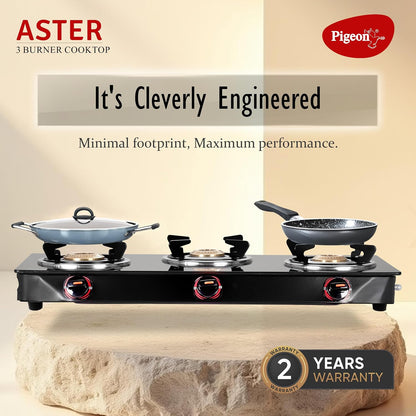 Pigeon by Stovekraft Aster 3 Burner Gas Stove with High Powered Brass Burner Gas Cooktop, Cooktop with Glass Top and Powder Coated Body, Black, Manual Ignition, Standard (14267)