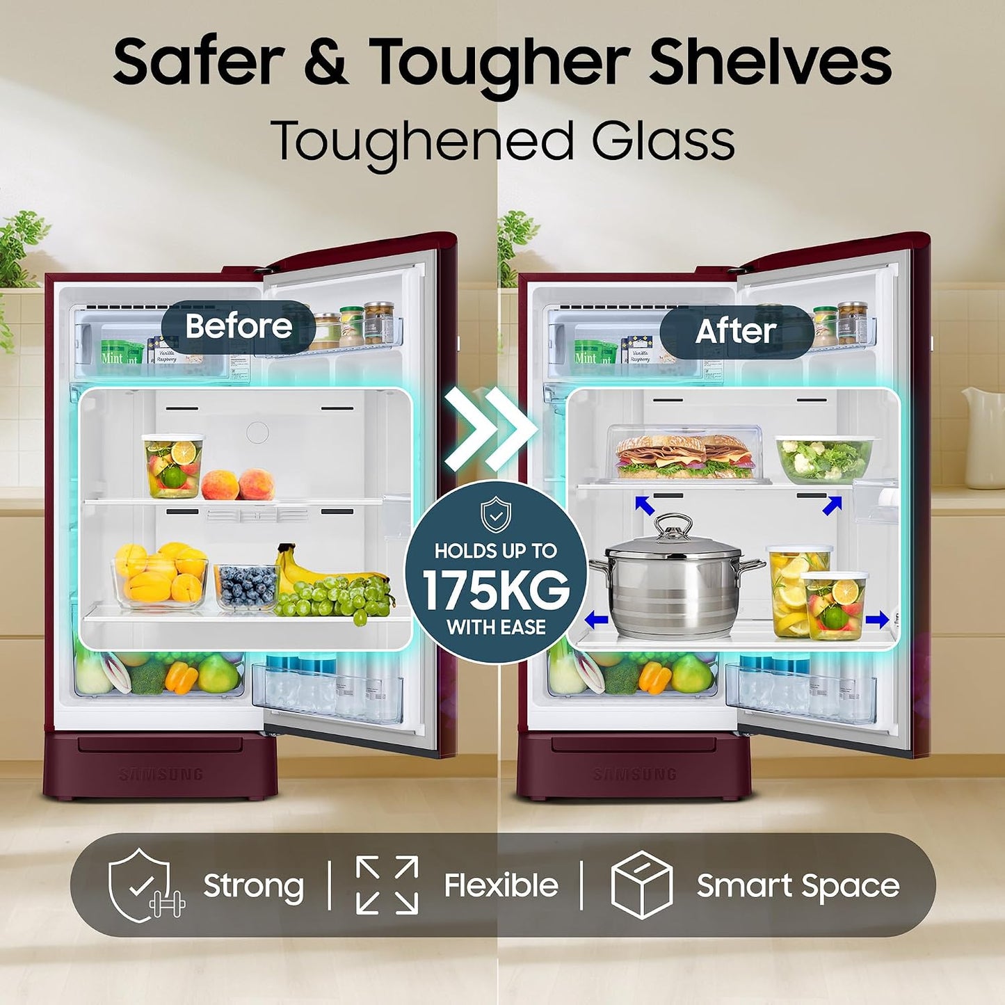 Samsung 189 L, 4 Star, Digital Inverter, Direct-Cool Single Door Refrigerator (RR21H2H24HT/HL, Red, Hydrangea Plum, Base Stand Drawer, Single Touch Defrost, 2026 Model)