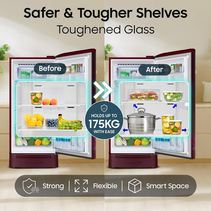 Samsung 189 L, 4 Star, Digital Inverter, Direct-Cool Single Door Refrigerator (RR21H2H24HT/HL, Red, Hydrangea Plum, Base Stand Drawer, Single Touch Defrost, 2026 Model)