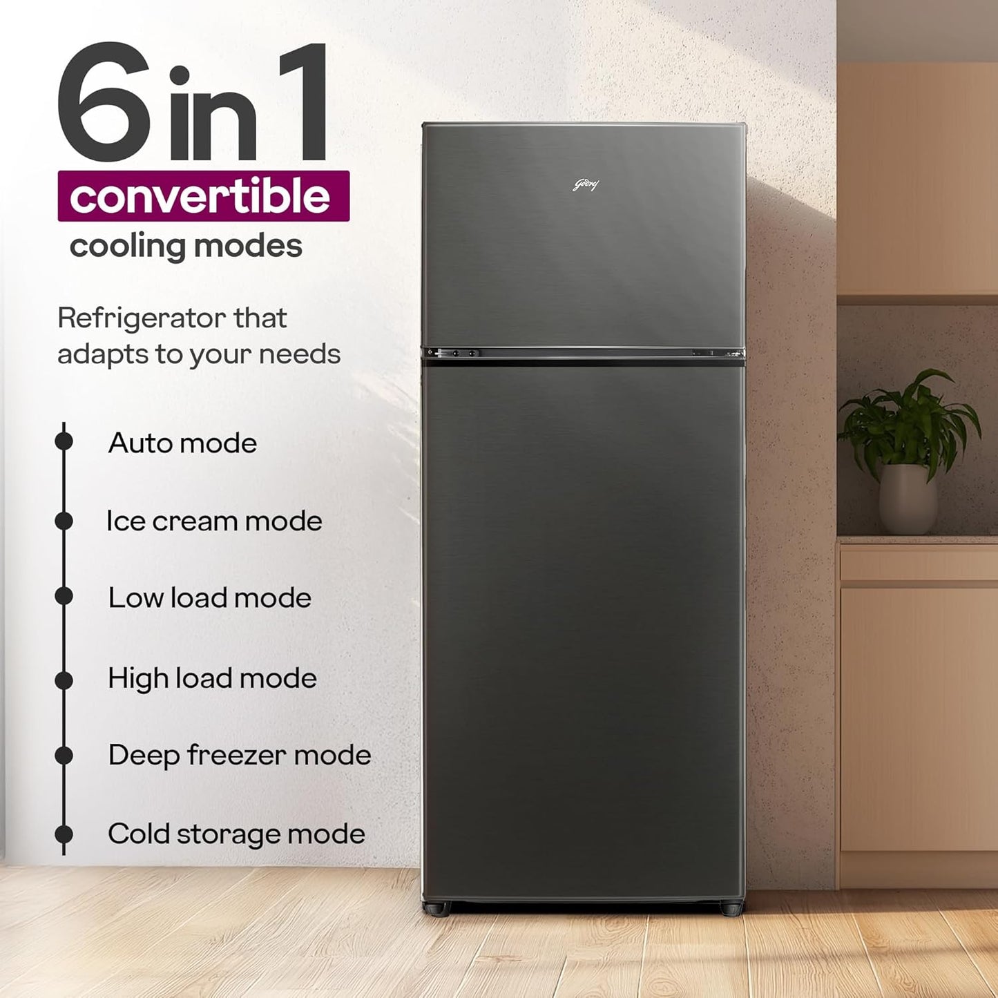 Godrej 244 L 4 Star 5 Years Comprehensive Warranty | AI Powered | Convertible Freezer 6-In-1 Inverter Frost Free Double Door Refrigerator RT EONVALOR 280D RCIF FS ST, Fossil Steel