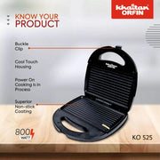 Electric Sandwich Maker | Non Stick Coating Plates | Power Indicators 2 Slice Sandwich Maker. (Grill KO 525)