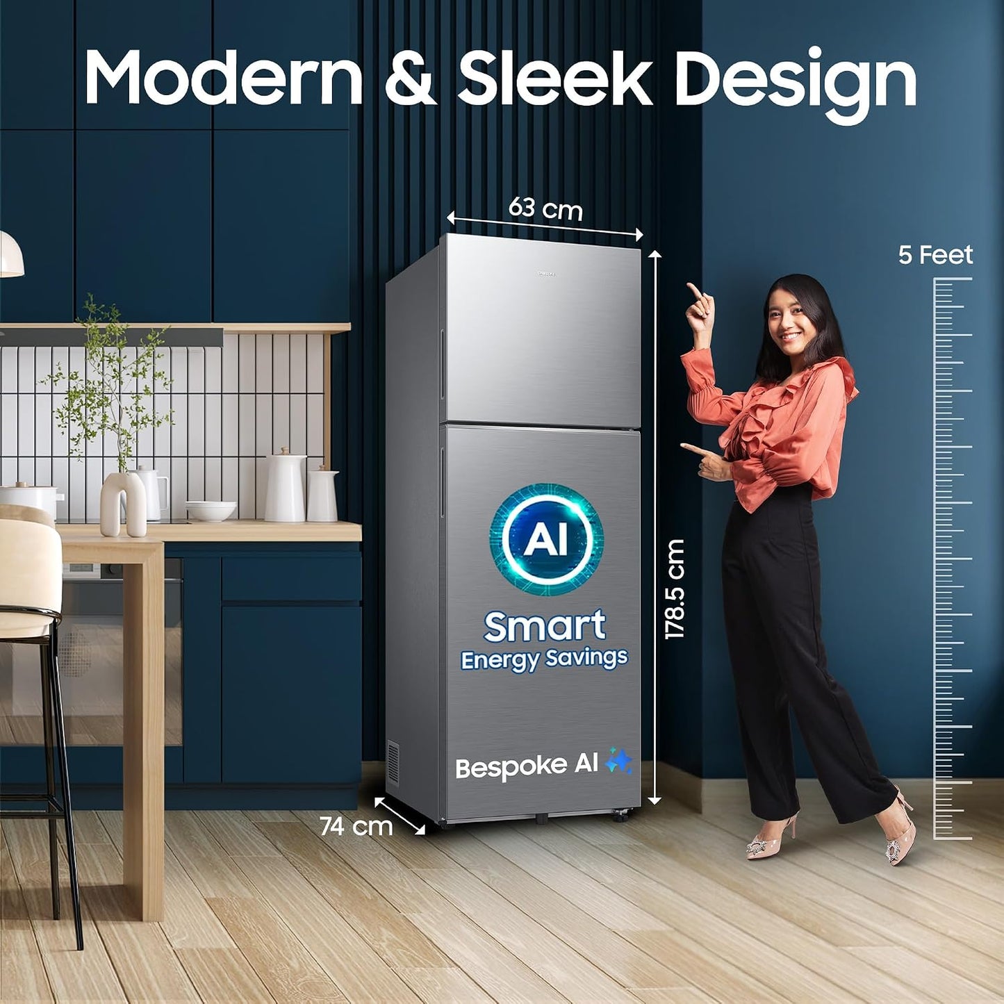 Samsung 350 L, 3 Star, Convertible 5-in-1, Digital Inverter, Frost Free Double Door, WiFi Bespoke AI Refrigerator (RT38HG5A23S8HL, Silver, Elegant Inox, 2026 Model)