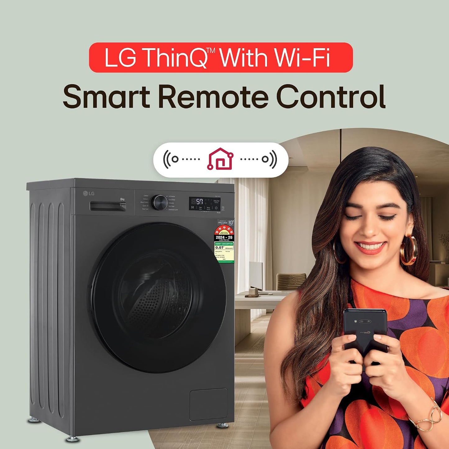 LG 8 kg 5 Star, Inverter Direct Drive Technology, Wi-Fi Enabled, 6 Motion DD, Steam Fully Automatic Front Load with In-built Heater Grey, Black (FHB1208Z4M)