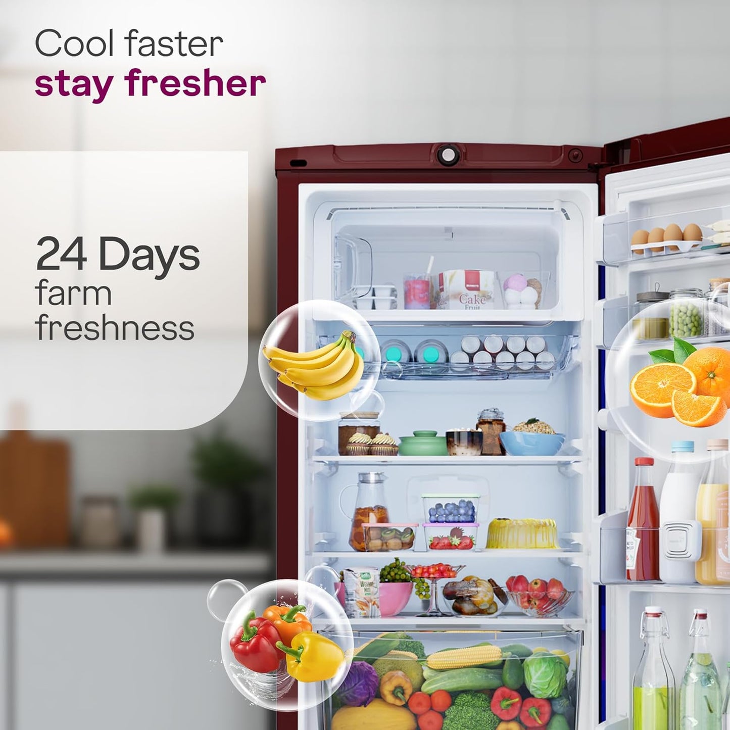 Godrej 185L 4 Star Single Door Refrigerator with 24 Days Farm Freshness, Jumbo Vegetable Tray, Dry Storage Drawer, Advanced Inverter Technology & 5 Years Warranty (RD 195DN TDI MY WN, Mystic Wine)