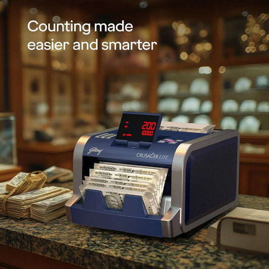 Godrej Security Solutions Bill Counter Crusader Lite Cash/Currency Counting Machine 1000 Notes/Min With Customer Display Unit | Fully Automatic & UV, MG & IR Sensors | Fake Note Detector For Bank Home