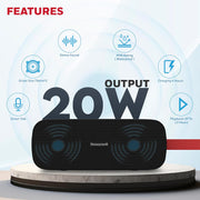 Honeywell Trueno U300 Bluetooth 5.3 Wireless Portable Speaker, 20W Output, Dual 78mm Drivers, Deep Bass, 13H Playtime, IPX6, TWS Pairing, SD/USB Type-C/AUX Support, Built-in Mic, 2-Year Warranty-Black
