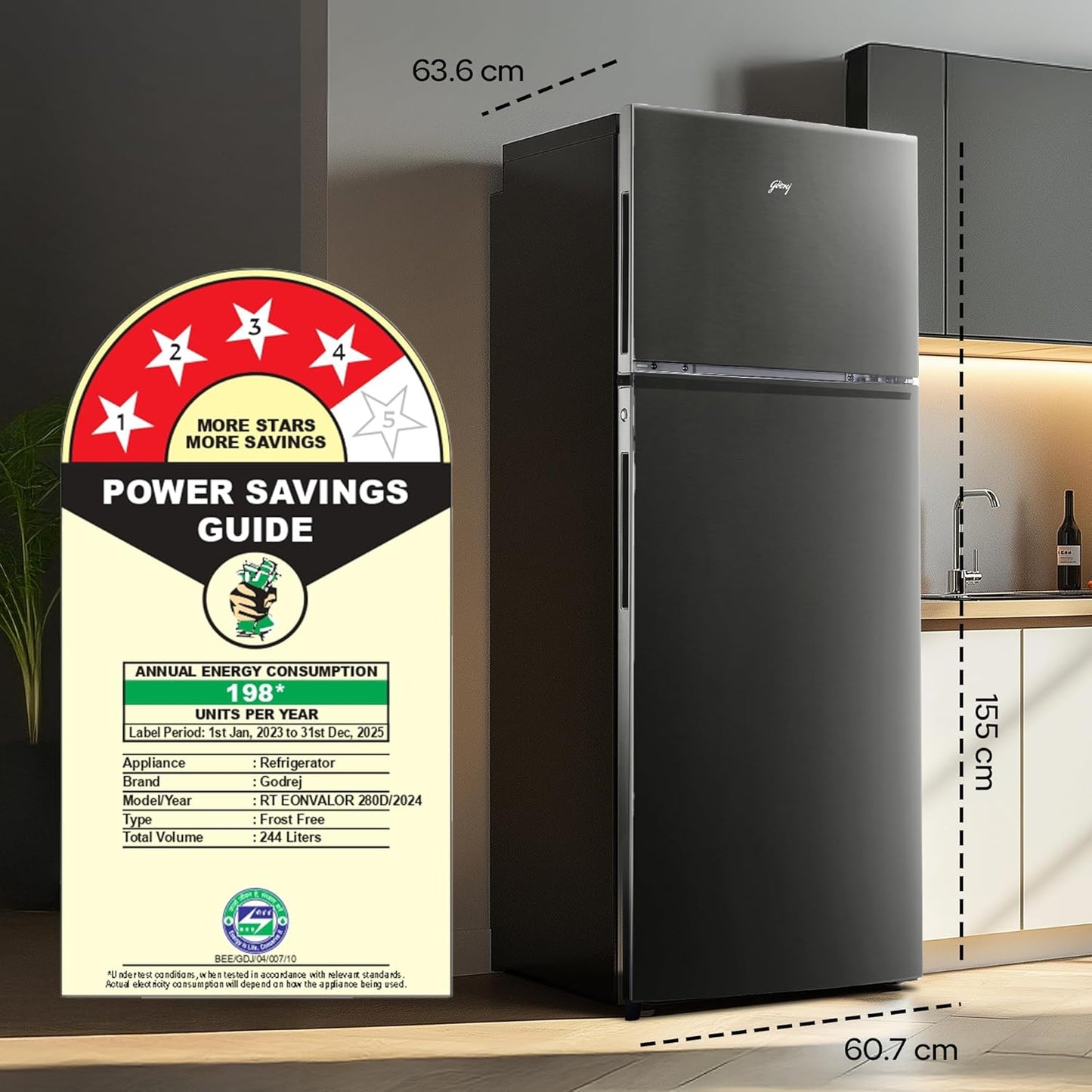 Godrej 244 L 4 Star 5 Years Comprehensive Warranty | AI Powered | Convertible Freezer 6-In-1 Inverter Frost Free Double Door Refrigerator RT EONVALOR 280D RCIF FS ST, Fossil Steel