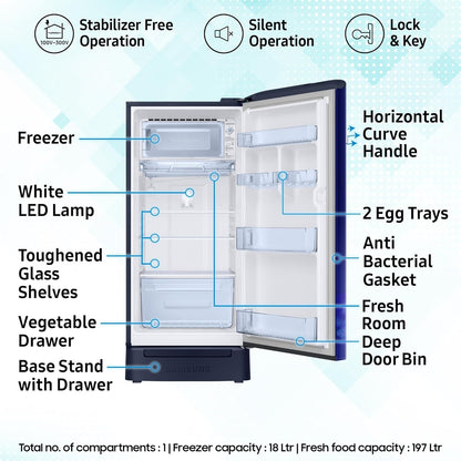 Samsung 215 L, 5 Star, Digital Inverter, Direct-Cool Single Door Refrigerator (RR23H2H35HS/HL, Hydrangea Blue, Base Stand Drawer, Single Touch Defrost, 2026 Model)