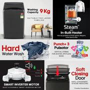 LG 9 Kg, 5 Star, Smart Inverter Technology, In-built heater with Steam, Fully Automatic Top Load Washing Machine (T90VBMB1S, Turbodrum, Stain Clean, LED Display, Smart Diagnosis, Middle Black)