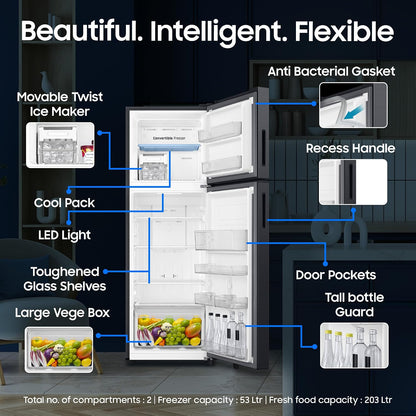 Samsung 256 L, 3 Star, Convertible, Digital Inverter Frost Free Double Door Refrigerator (RT40H30U3FHL, Black DOI, 2026 Model)