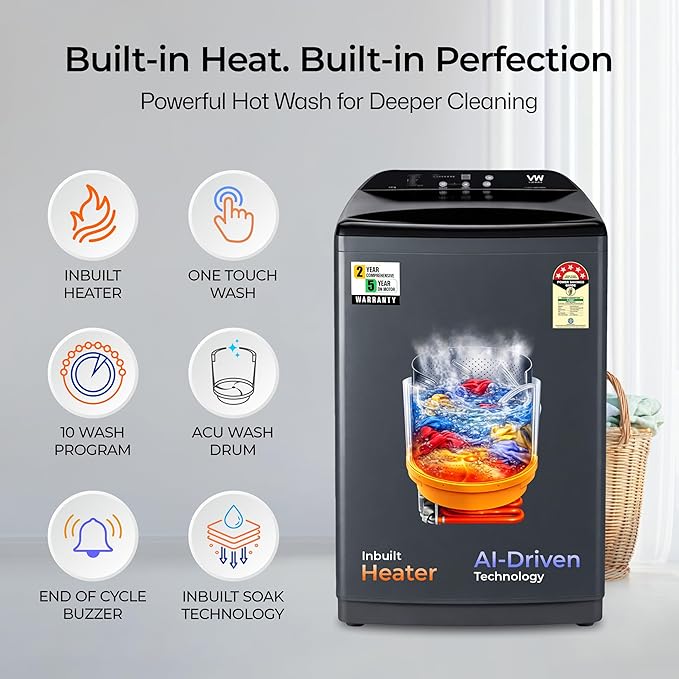 VW 10 kg Fully Automatic Top Load with In-built Heater Black, Grey (V10 HeatPro)
