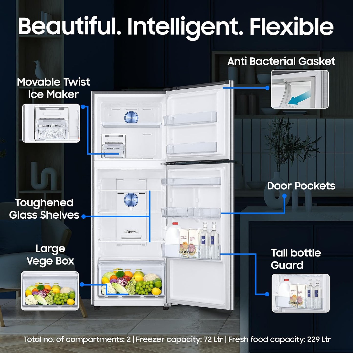 Samsung 301 L Frost Free Double Door 2 Star Refrigerator with Convertible 5-in-1, Digital Inverter, Digital Display, 2026 Model (REFINED INOX, RT31H4522S9/HL)