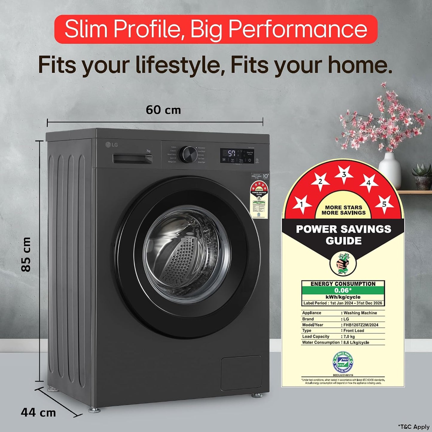 LG 7 kg 5 Star, Inverter Direct Drive Technology, 6 Motion DD, Reduce germs & allergens with steam cycles, In-built Heater & Touch Panel Fully Automatic Front Load with In-built Heater Black, Grey (FHB1207Z2M)