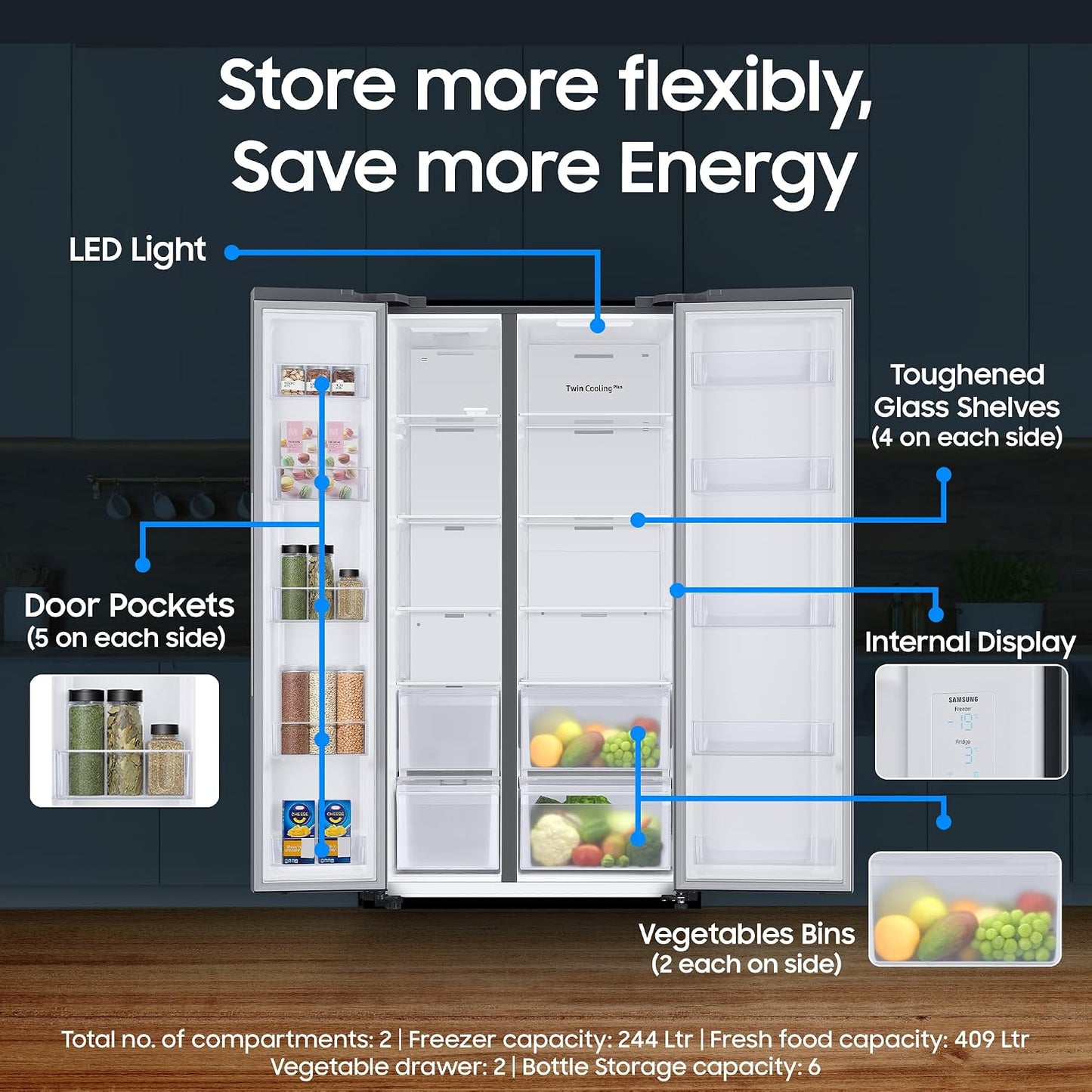 Samsung 653 L, 3 Star, Frost Free, Double Door, Convertible 5-in-1 Digital Inverter, Side By Side AI Enabled Smart Refrigerator with WiFi (RS76CG8003S9HL, Silver, Refined Inox)