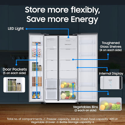 Samsung 653 L, 3 Star, Frost Free, Double Door, Convertible 5-in-1 Digital Inverter, Side By Side AI Enabled Smart Refrigerator with WiFi (RS76CG8003S9HL, Silver, Refined Inox)