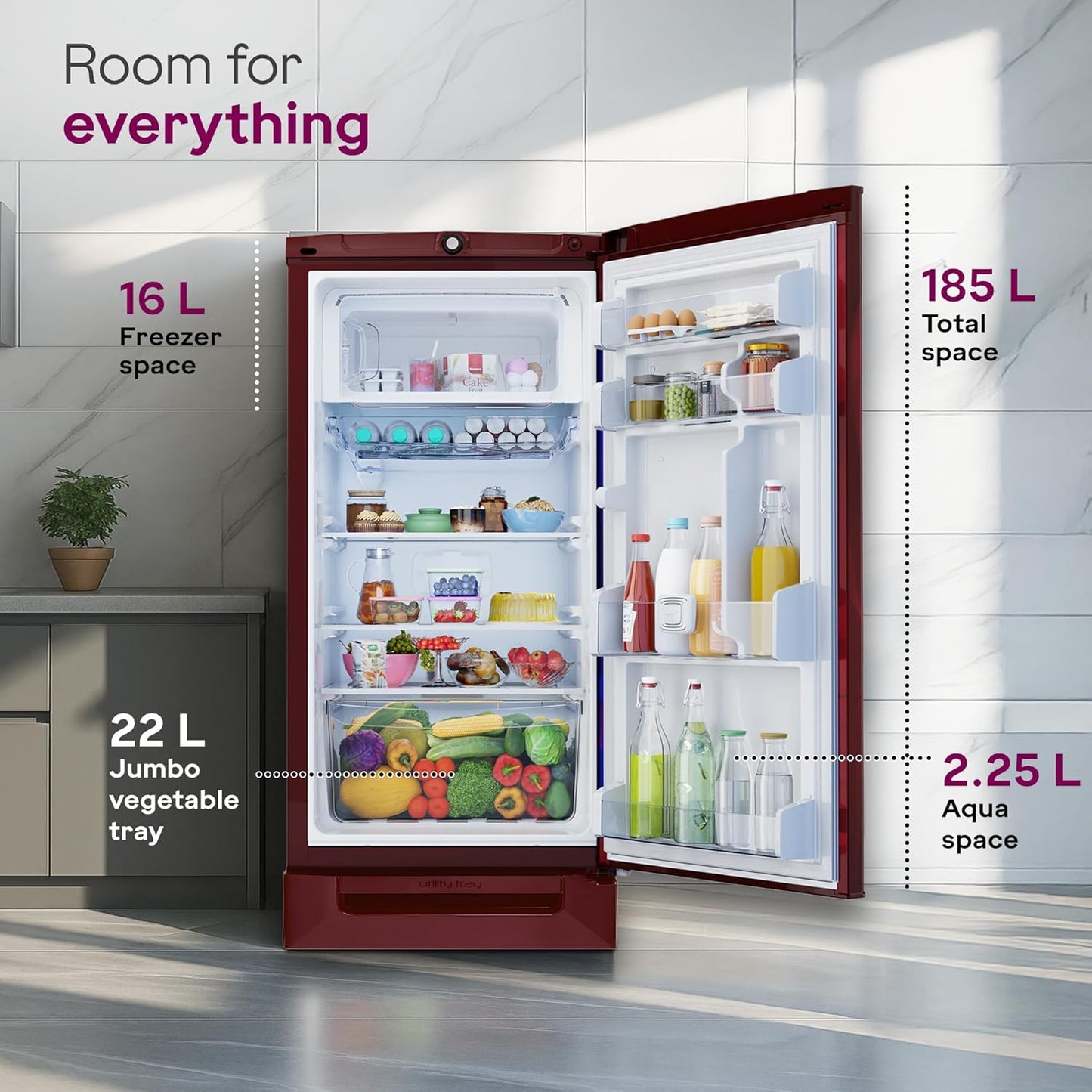 Godrej 185L 4 Star Single Door Refrigerator with 24 Days Farm Freshness, Jumbo Vegetable Tray, Dry Storage Drawer, Advanced Inverter Technology & 5 Years Warranty (RD 195DN TDI MY WN, Mystic Wine)